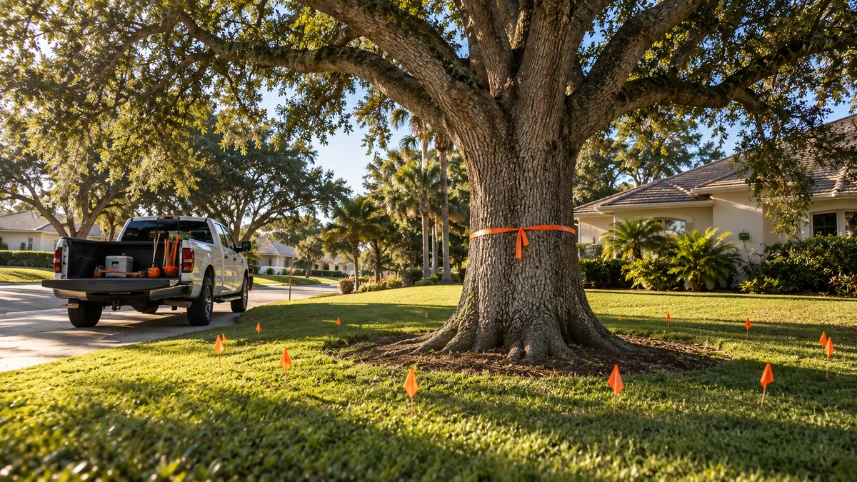 A home in Dade City with a mature tree trimmed clear of the roof