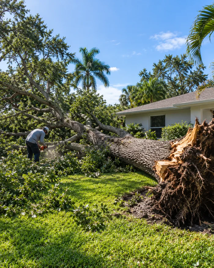 Storm felled tree lying across a yard, ready to be cut up and hauled off