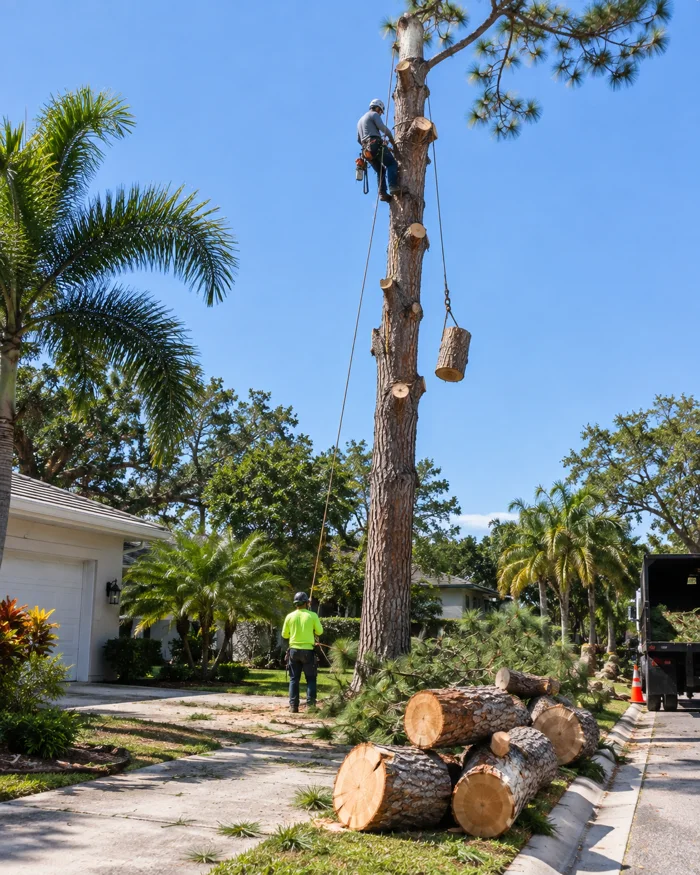 A tall pine taken down in sections beside a driveway